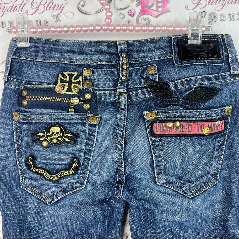 Robin's Jean patchwork jeans skulls. Rosses wings Dark Blue Straight Leg Jeans - Picture 3 of 10